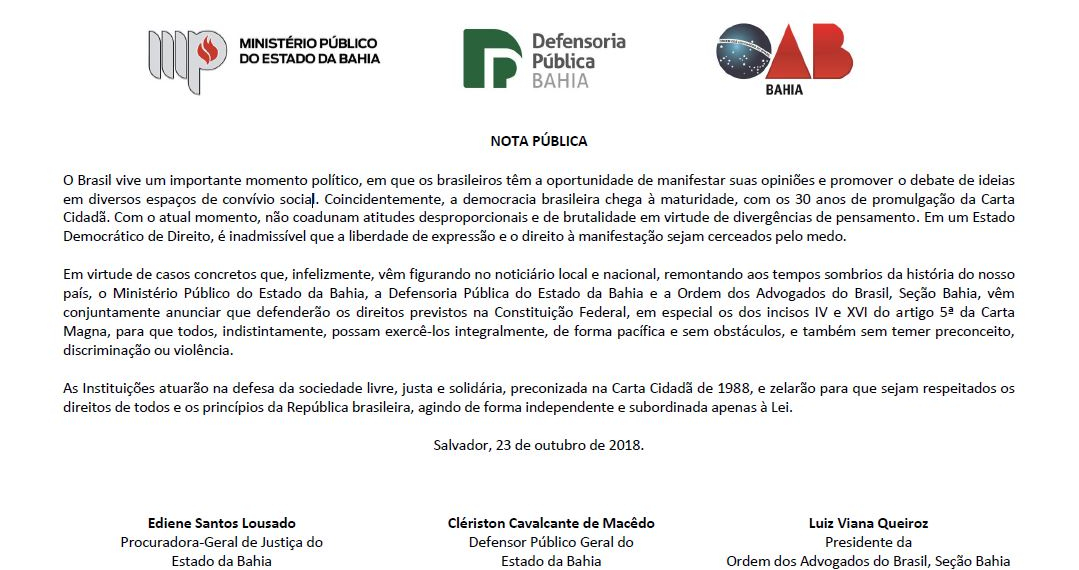 MP, Defensoria e OAB na Bahia emitem nota conjunta sobre liberdade de expressão
