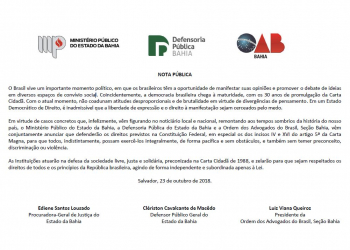 MP, Defensoria e OAB na Bahia emitem nota conjunta sobre liberdade de expressão