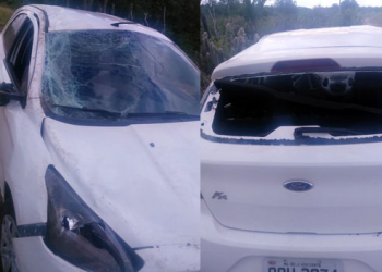 Carro parcialmente destruído é encontrado às margens da BA 120 trecho Santaluz/Queimadas