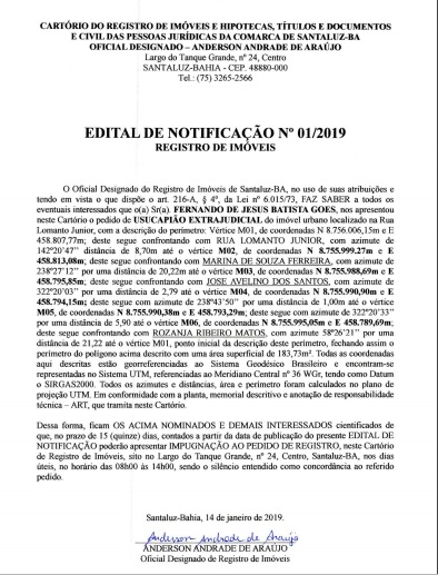 Edital de Notificação nº 01/2019 – Registro de Imóveis