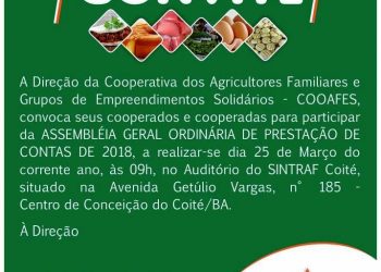 Coité – COAFES divulga Edital de Convocação para Assembleia Geral Ordinária