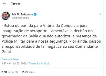 No Twitter Bolsonaro acusa Rui Costa de proibir PMs na inauguração do aeroporto; petista rebate