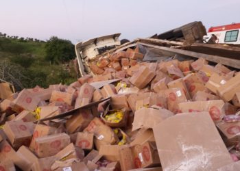 Caminhão carregado de balas capota na BA 130 e condutor morre