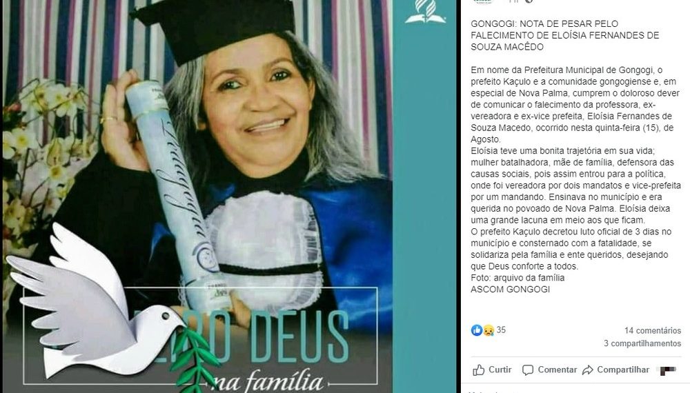 Ex-prefeita de Gongogi morre depois de carro descer ribanceira