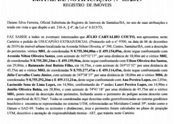 Santaluz – Cartório de Registro de Imóveis divulga Edital de Notificações nº 03/2019