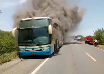 Ônibus pega fogo na BR 242; veja vídeo