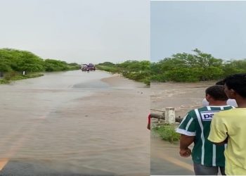 Rio do Peixe transborda e interdita BA 120 entre Santaluz e Queimadas