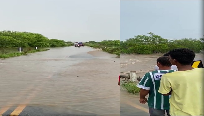 Rio do Peixe transborda e interdita BA 120 entre Santaluz e Queimadas