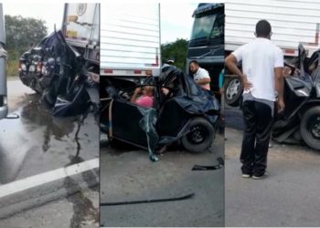 Carro de passeio é prensado entre duas bitrem e causa a morte de duas pessoas e deixa outras duas feridas
