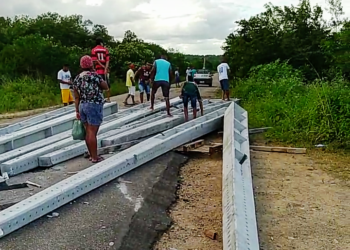 Carga de postes cai de carreta no meio da rodovia BA 131