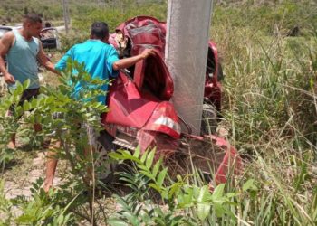 Motorista morre e passageiro fica ferido após carro colidir com poste na BA 220