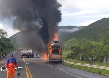 Batida entre carro e carreta-cegonha deixa 2 mortos na BR-116; uma das vítimas foi carbonizada