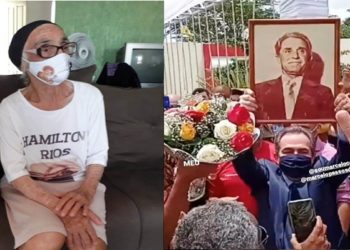 Marcelo Araújo recebe de presente um quadro com a foto do pai e ergue como troféu antes da posse