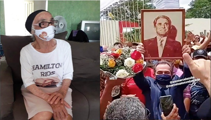 Marcelo Araújo recebe de presente um quadro com a foto do pai e ergue como troféu antes da posse
