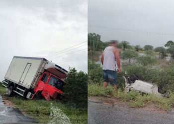 Colisão entre caminhão-baú e carro de passeio deixa três feridos na BA-120
