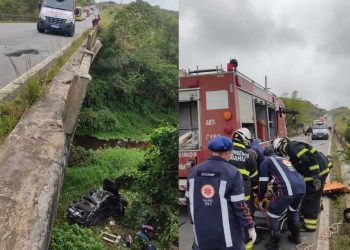 Homem fica ferido após carro cair de ponte de 20 metros na BR-101