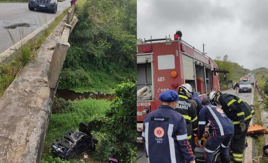 Homem fica ferido após carro cair de ponte de 20 metros na BR-101