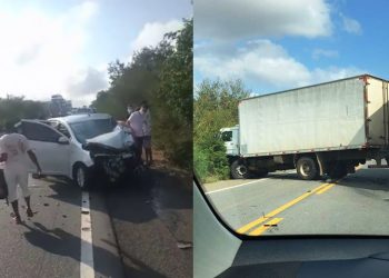 Acidente envolvendo carro de passeio e caminhão baú deixa três pessoas feridas na BR 324