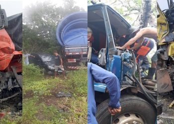 Acidente envolvendo três caminhões e um carro de passeio deixa um morto e sete feridos na BR 324