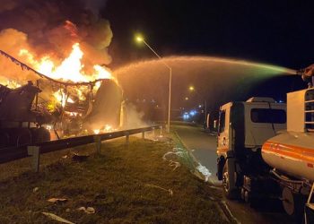 Vídeo – Carreta que transportava produtos diversos pega fogo na BR-116