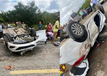 Carro que seguia para Retirolândia capota na BR 116 em Santa Bárbara e deixa cinco feridos