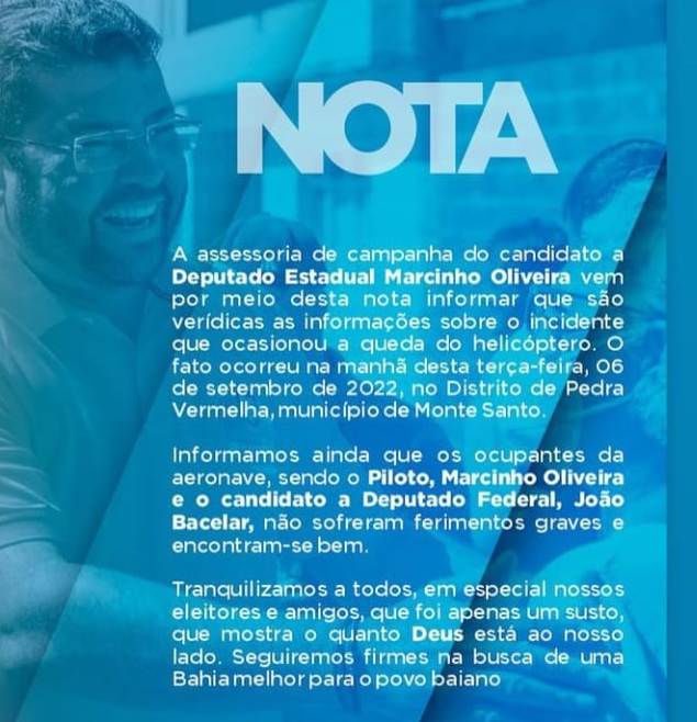 Helicóptero que transportava os candidatos a deputados Marcinho Oliveira e João Bacelar cai em Monte Santo (atualizada)