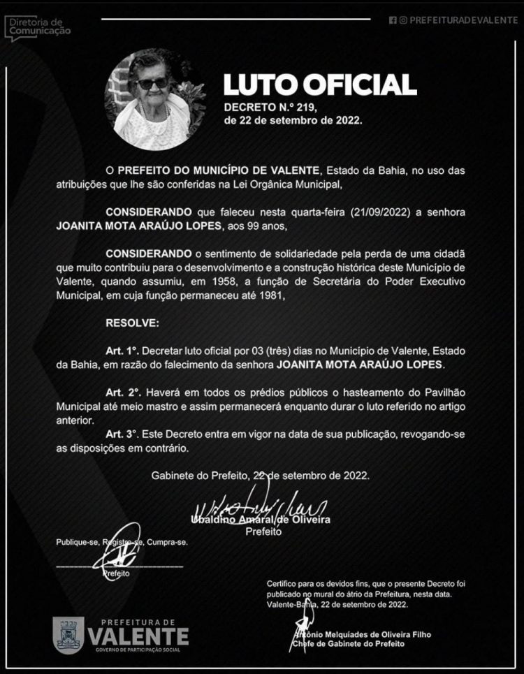 Morre aos 99 anos a primeira secretária de gabinete do Poder Executivo de Valente