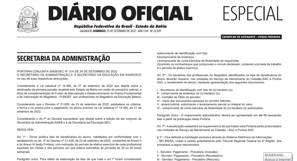 Relação com os nomes de todos professores com direito a receber os precatórios é publicada no Diário Oficial Especial