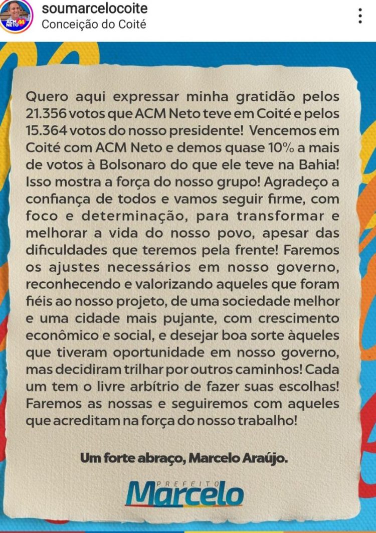 Em Coité ACM Neto vira o jogo em relação ao primeiro turno para o Governo e Bolsonaro diminui frente de Lula