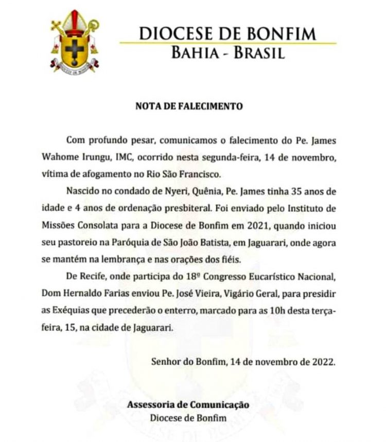 Padre natural do Quênia que estava em missão na Paróquia de Jaguarari, morre por afogamento no Rio São Francisco