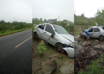 Carro capota e cai em ribanceira às margens da BA-120; pista estava molhada