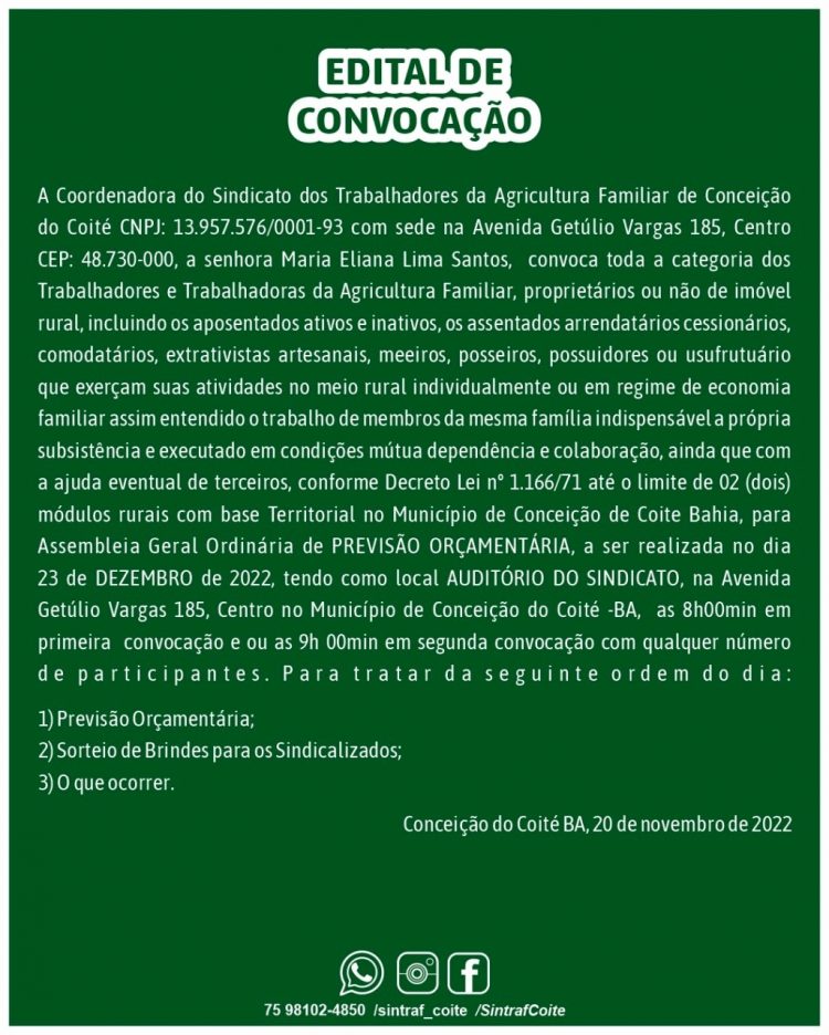 SINTRAF Coité realiza última assembleia geral do ano nesta sexta-feira com sorteio de brindes