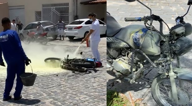 Motocicleta pega fogo ao colidir com carro em cruzamento na Avenida Luiz Eduardo