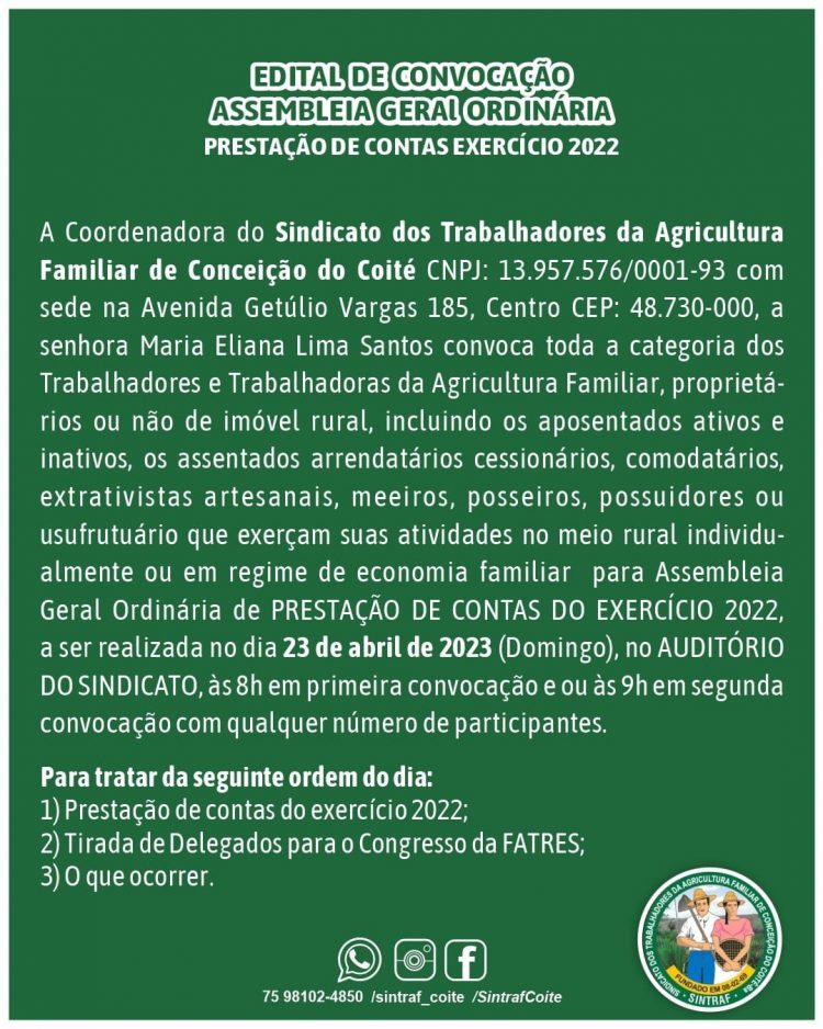 SINTRAF – Urbano Carvalho faz convocação para Assembleia de Prestação de Contas exercício 2022
