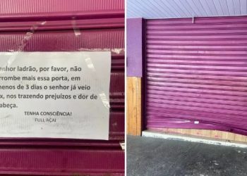 GO – Comerciante coloca recado pedindo que porta não seja arrombada após ladrão tentar invadir loja duas vezes, em Goiânia