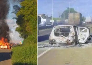 Veículo da Prefeitura de Barrocas que transportava pacientes pega fogo na BR-324