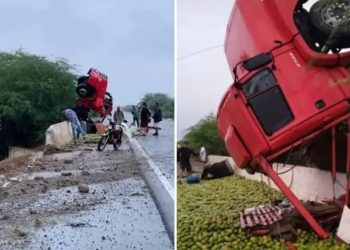 Caminhão ‘fica em pé’ em acidente quando passava em ponte na BR 235