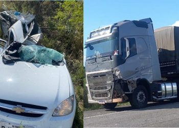 Homem morre e esposa grávida fica ferida em colisão envolvendo Corsa e carreta