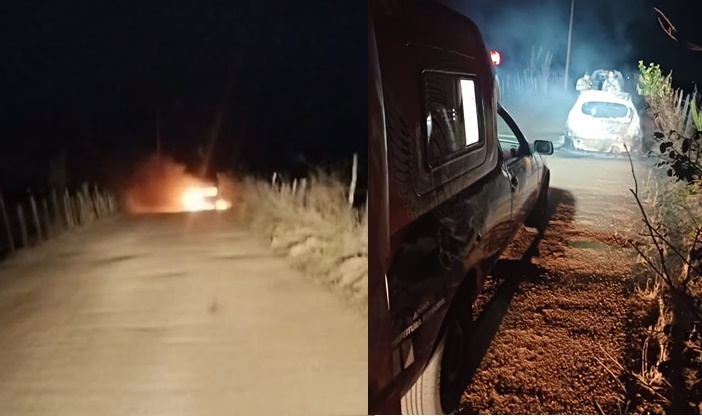Carro é consumido pelo fogo em estrada vicinal de Riachão do Jacuípe