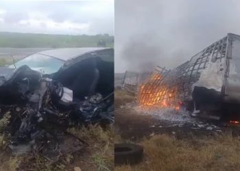 Vídeo – Caminhão baú é consumido pelo fogo após colidir com carro de passeio