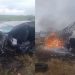Vídeo – Caminhão baú é consumido pelo fogo após colidir com carro de passeio