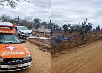 Carro derruba poste após colisão e rede elétrica provoca incêndio em pasto seco