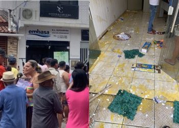 Insatisfeitos pela falta d’água moradores protestam arremessando ovos e outros objetos contra o escritório da Embasa