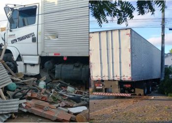 Após colidir com caminhonete, caminhão atinge residência e uma pessoa fica ferida
