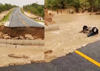 Carro capota e cai em cratera aberta na BA-220 pelas fortes chuvas