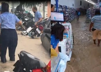 Temporal inundou o centro comercial de Tucano e causou muito prejuízo (vídeos)