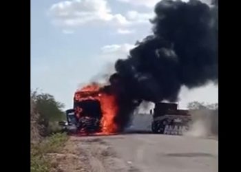 Carreta é consumida pelo fogo quando trafegava pela BR 116 Norte