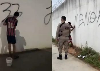 Jovens são obrigados a limpar muro após pichação em Serrinha