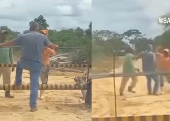 Vídeo mostra exato momento que policial civil parte para agredir agricultores, um deles em posse de um facão fere gravemente o agente