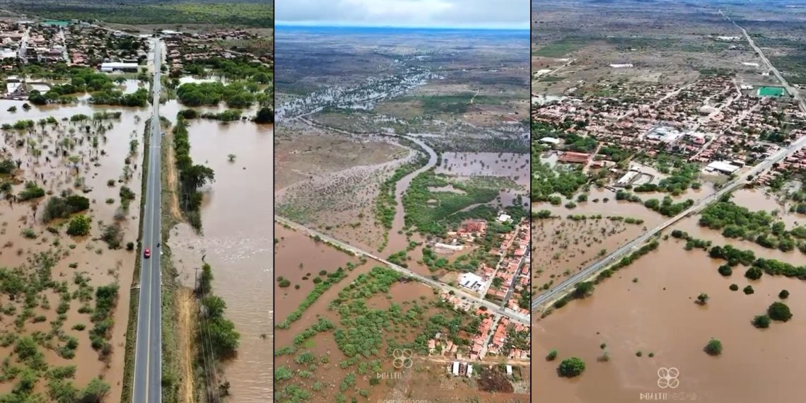 Rio Jacuípe no Distrito Santo Antônio transborda e imagem de drone mostra grande extensão de água